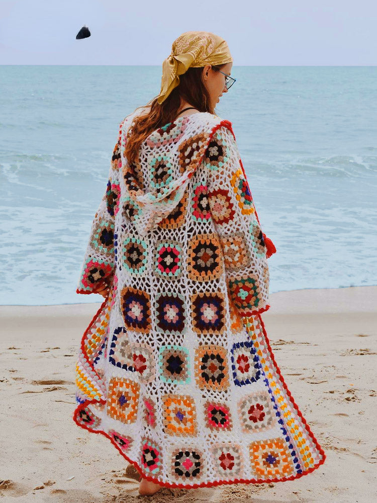 Multicolor Handmade Crochet Hooded Cardigan Oversized Tassel Long