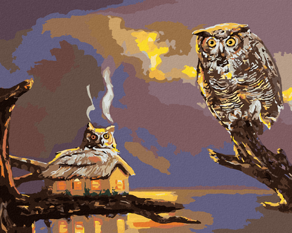 Zuty - Paint by Numbers - OWL AND A HUT BY THE WATER (D. RUSTY RUST),