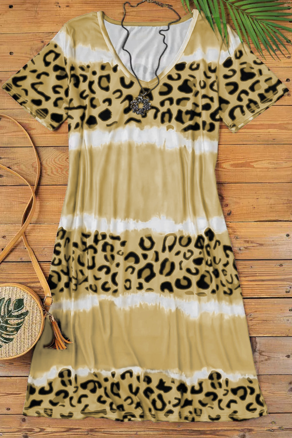 Yellow Leopard Color Block V-Neck T-shirt Dress