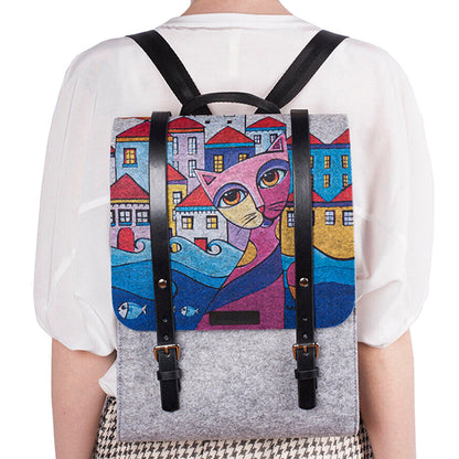 Biggdesign Owl and City Felt Backpack For Women, School Bag Laptop