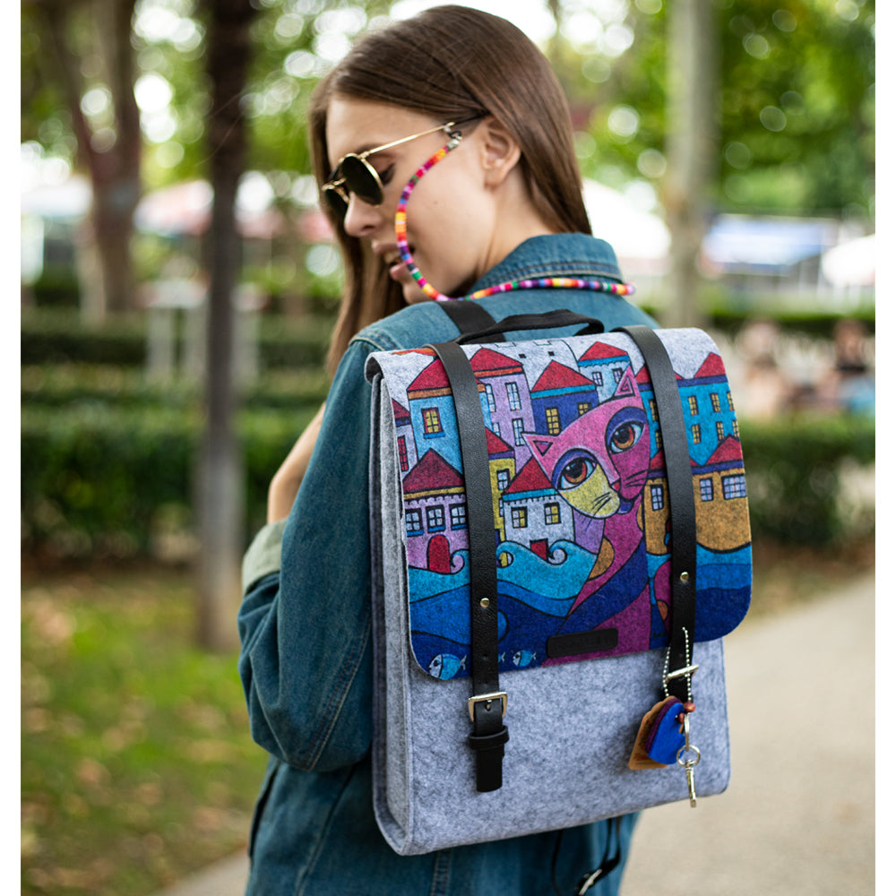 Biggdesign Owl and City Felt Backpack For Women, School Bag Laptop