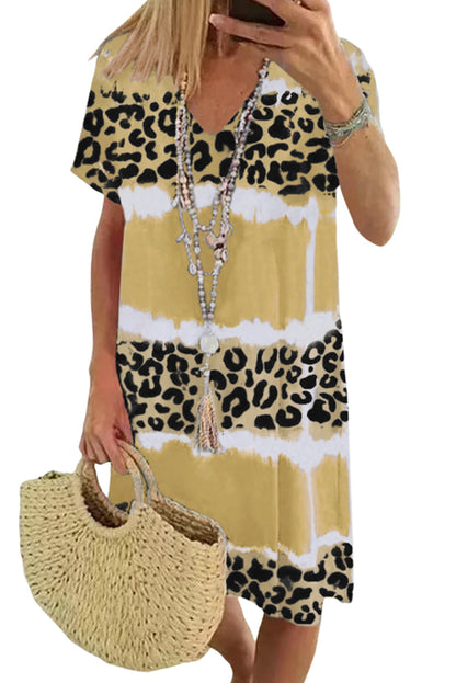 Yellow Leopard Color Block V-Neck T-shirt Dress