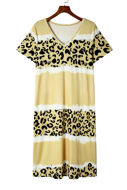 Yellow Leopard Color Block V-Neck T-shirt Dress