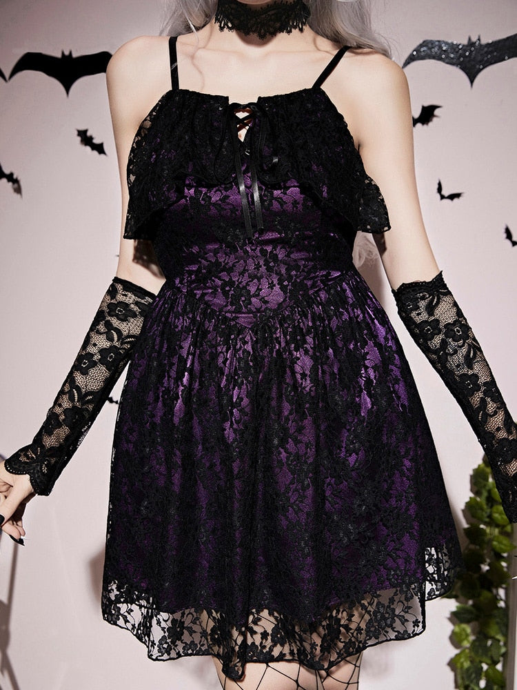 Purple Gothic Lace Up Back Cami Dress Halloween Costume Without Gloves