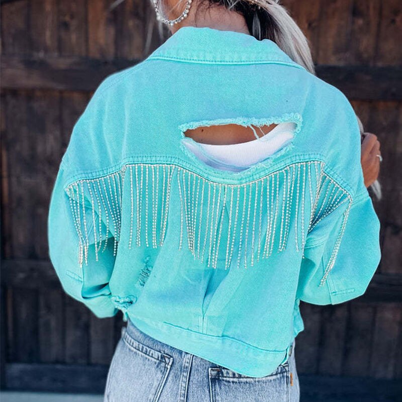 Casual Hole Tassels Fringed Black Denim Cropped Jacket