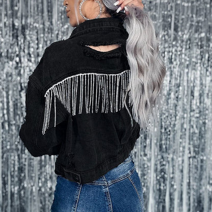 Casual Hole Tassels Fringed Black Denim Cropped Jacket