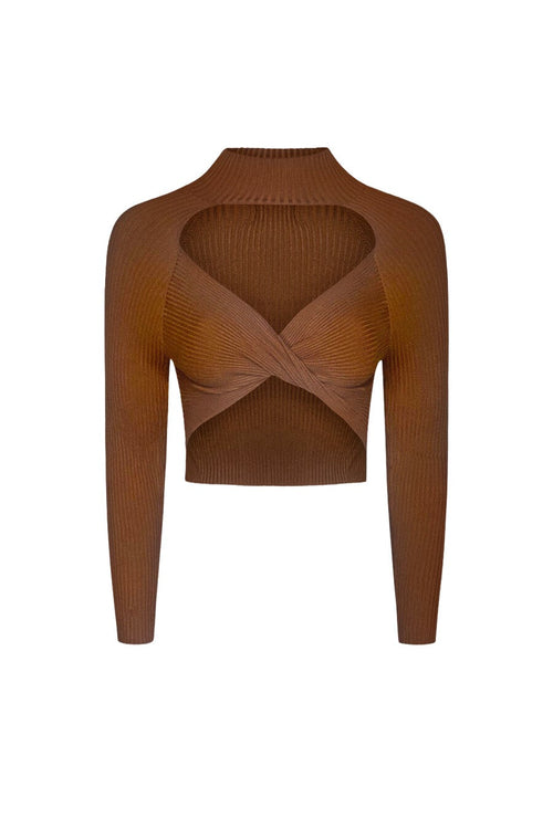 "DON'T GET IT TWISTED" Brown Open-Chest Rib Crop Top