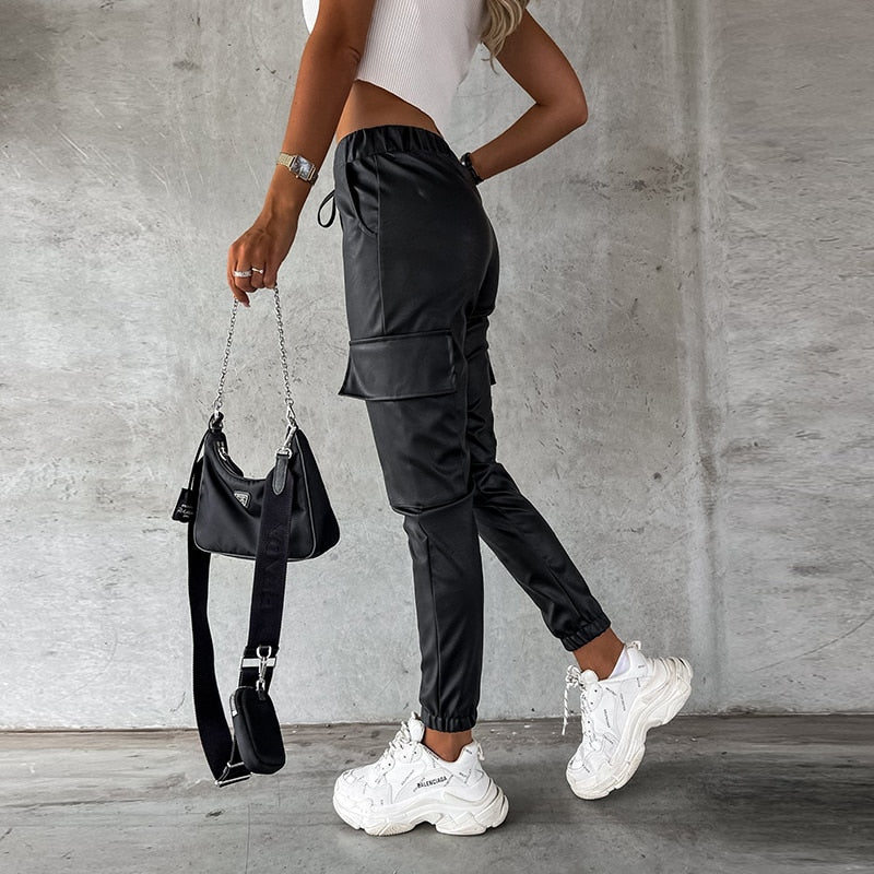 PU Trousers Casual Drawstring Pocket Elastic Waist Long Pants