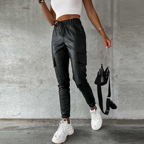 PU Trousers Casual Drawstring Pocket Elastic Waist Long Pants