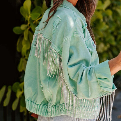 Tassels Diamond Fringed Vintage Green Denim Jacket