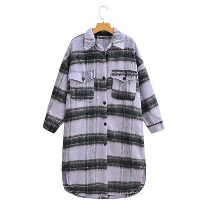 Purple Plaid Fluffy Autumn Winter Pockets Side Slit Long Coat Jacket