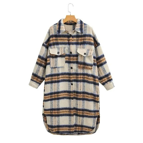 Purple Plaid Fluffy Autumn Winter Pockets Side Slit Long Coat Jacket