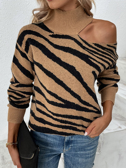 Zebra Pattern Print Cold Shoulder Knitted Turleneck Sweater