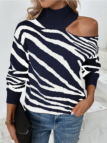 Zebra Pattern Print Cold Shoulder Knitted Turleneck Sweater