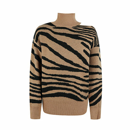 Zebra Pattern Print Cold Shoulder Knitted Turleneck Sweater