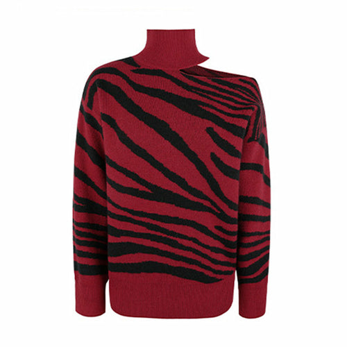 Zebra Pattern Print Cold Shoulder Knitted Turleneck Sweater