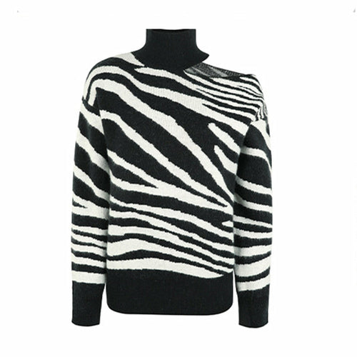 Zebra Pattern Print Cold Shoulder Knitted Turleneck Sweater