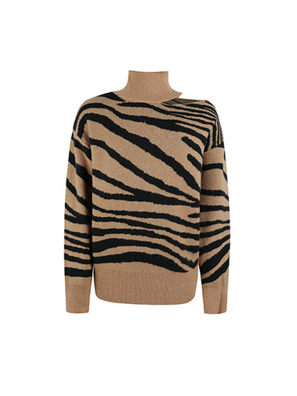 Zebra Pattern Print Cold Shoulder Knitted Turleneck Sweater