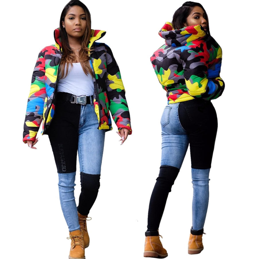 2019 Camo Print Winter Jacket Women Festival Warm Parka Down Bubble Coat Top Warm Thick Parka Couple Wear Crop Puffer Jacket 4XL