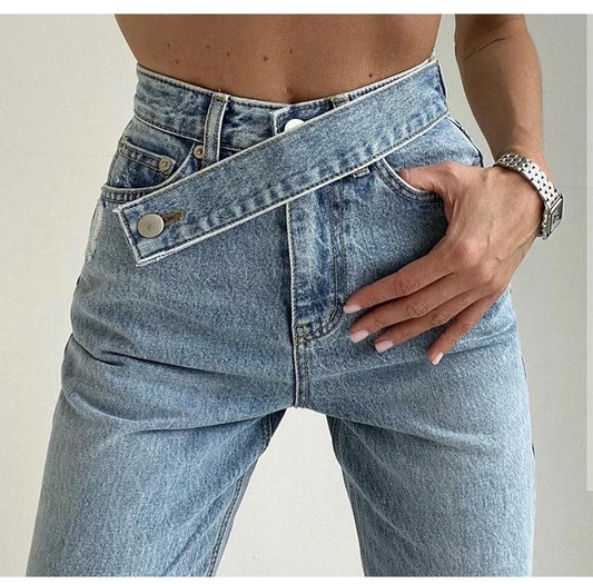 Women's Fake Belt Jeans Buttons straight Pants High Street Denim Loose