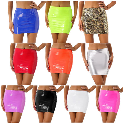 Womens Latex Patent Leather Miniskirt Solid Color Elastic Waistband Glossy Pencil Skirt Night Club Party Music Festival Costume