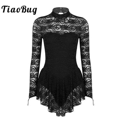 TiaoBug Adult Mock Neck Long Sleeve Ballet Gymnastics Leotard Figure Ice Skating Dress Competition Dance Costume