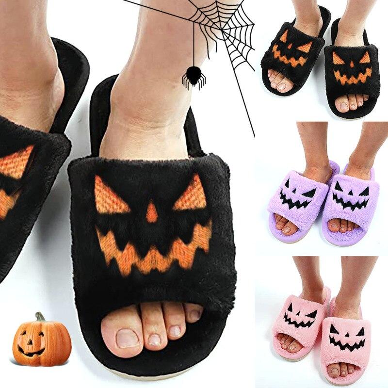 Halloween Pumpkin Slippers Open Toe Women Fuzzy Slippers Color Purple