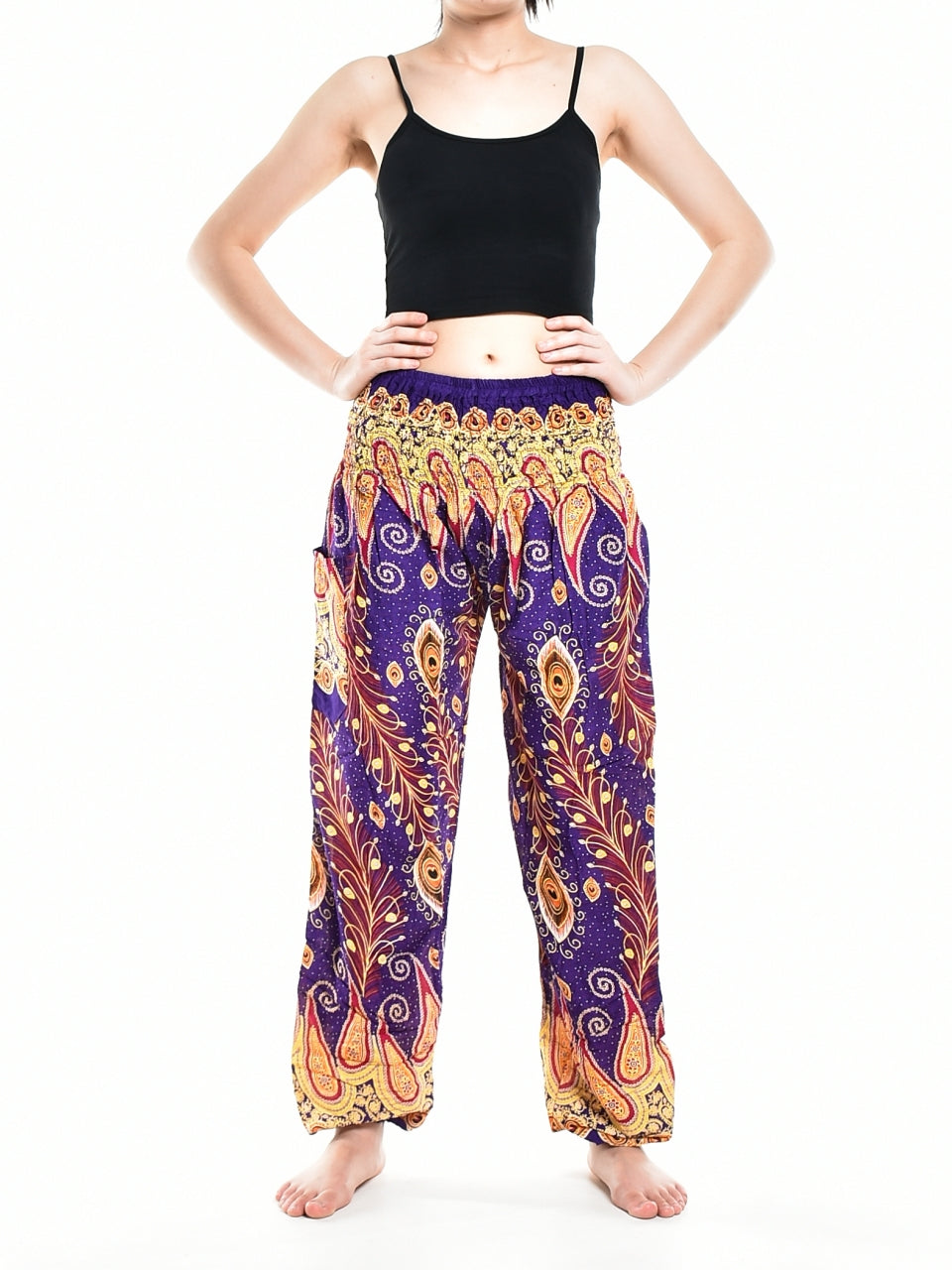 Bohotusk Purple Peacocks Eye Elasticated Smocked Waist Womens Harem