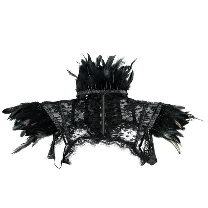 Retro Vintage Punk Gothic Feather Collar Shoulder Lace Cape Bolero Jacket Shrug Tops Halloween Party Goth Rave Costume for Women