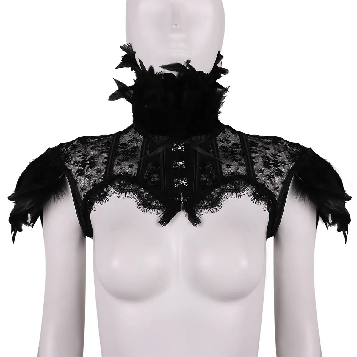 Retro Vintage Punk Gothic Feather Collar Shoulder Lace Cape Bolero Jacket Shrug Tops Halloween Party Goth Rave Costume for Women