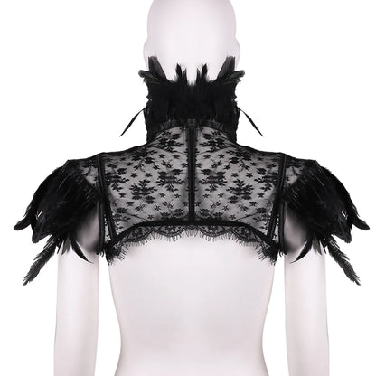 Retro Vintage Punk Gothic Feather Collar Shoulder Lace Cape Bolero Jacket Shrug Tops Halloween Party Goth Rave Costume for Women