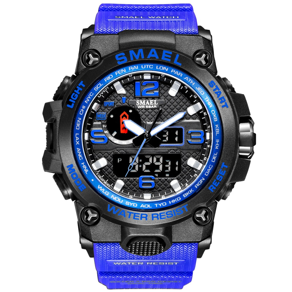 SMAEL Watches For Men 50M Waterproof Clock Alarm reloj hombre 1545D Dual Display Wristwatch Quartz Military Watch Sport New Mens