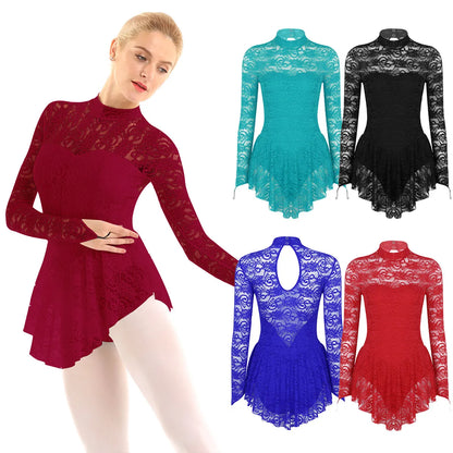 TiaoBug Adult Mock Neck Long Sleeve Ballet Gymnastics Leotard Figure Ice Skating Dress Competition Dance Costume