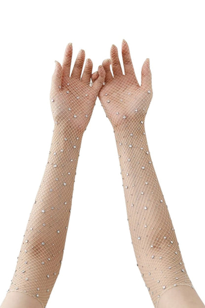 "ICY" Iridescent Rhinestone Nude Fishnet Gloves