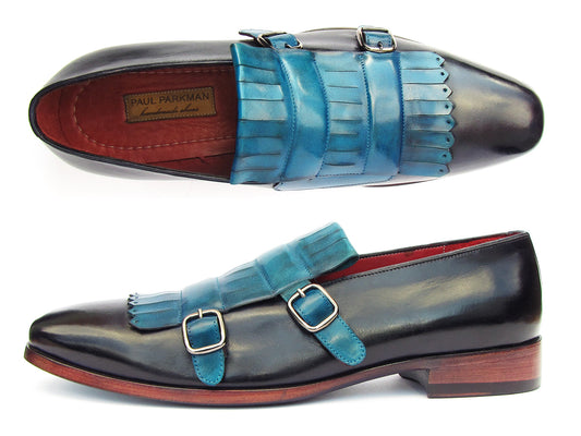 Paul Parkman Men's Blue & Navy Kiltie Double Monkstraps (ID#ST17BLU)