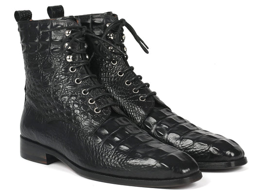 Paul Parkman Men's Black Croco Embossed Leather Lace-Up Boots