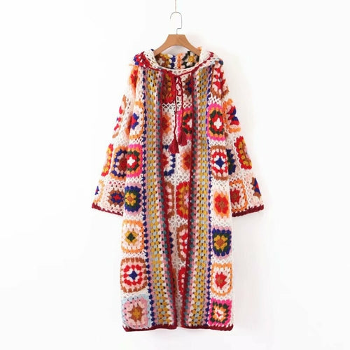 Multicolor Handmade Crochet Hooded Cardigan Oversized Tassel Long