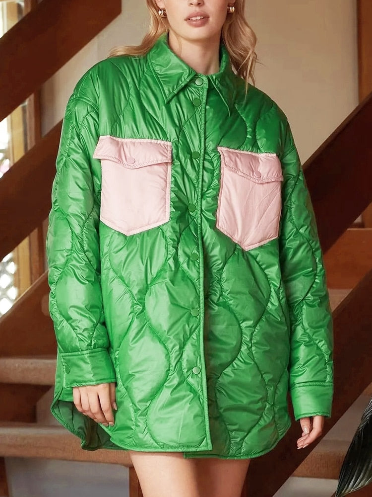 Quilting Green Pink Patchwork Button Argyle Padded Parkas Coat