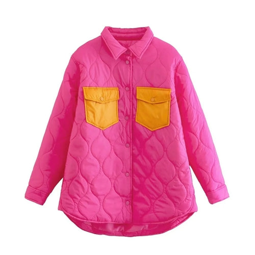 Quilting Green Pink Patchwork Button Argyle Padded Parkas Coat