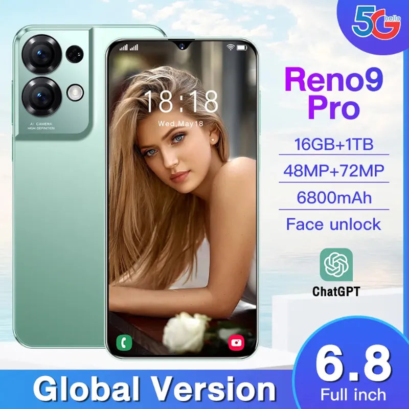 2023 New Reno9 Pro Smartphone Global Version 5G Android 6.8inch HD Full Screen 16GB+1TB Mobile Phones Dual SIM Cards Cell Phone