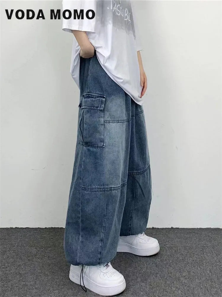 2022 Autumn Harajuku Fashion retro High Street hiphop Pants Straight Wide Leg Pants Women Casual Loose Big Pockets Cargo Jeans