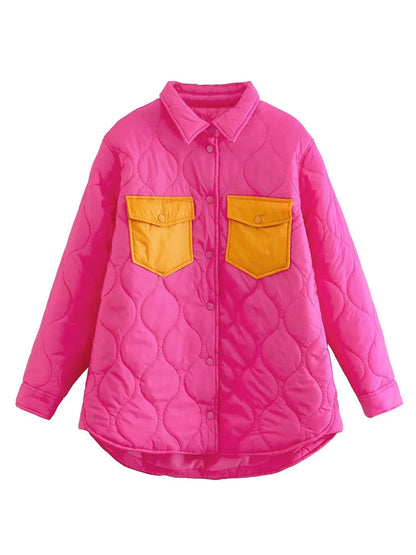 Quilting Green Pink Patchwork Button Argyle Padded Parkas Coat