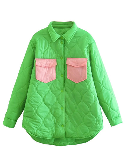 Quilting Green Pink Patchwork Button Argyle Padded Parkas Coat