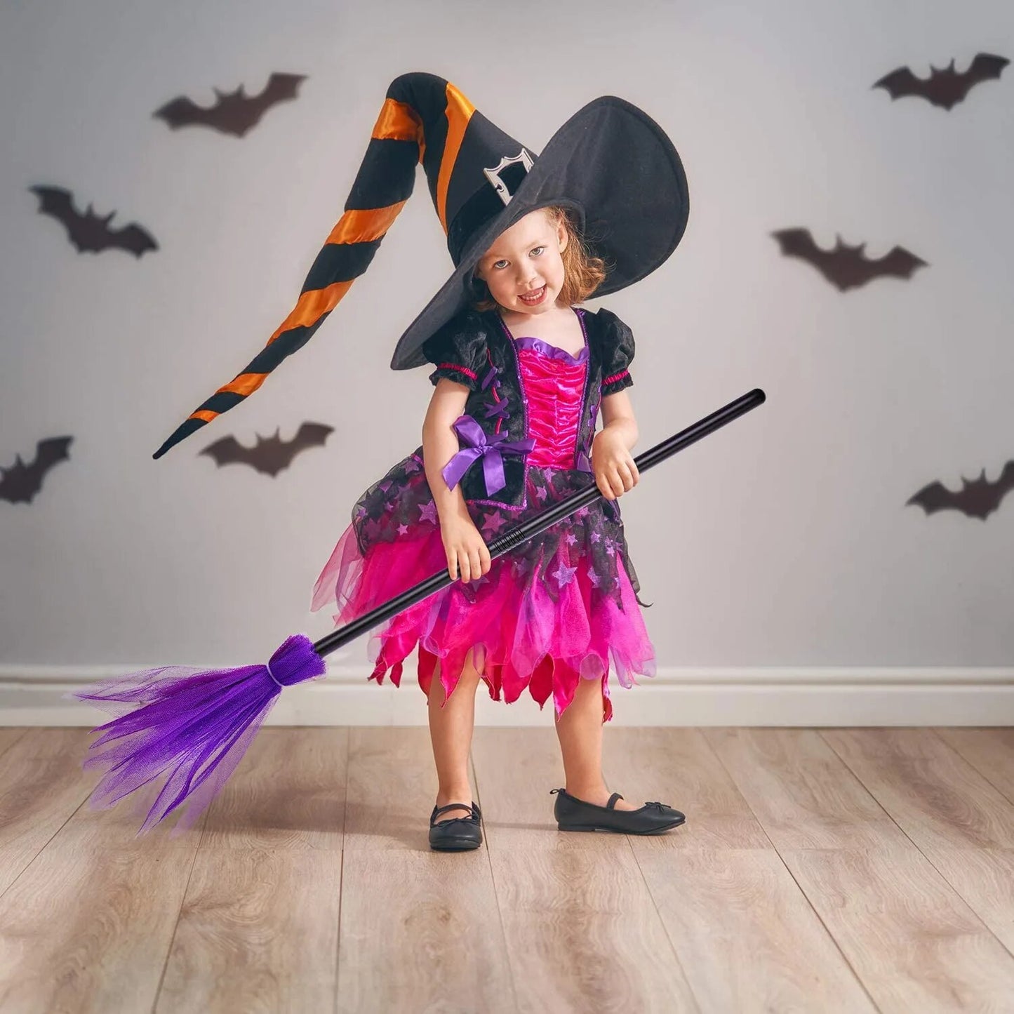 Halloween Party Witch Broom Plastic Witch Broomstick Kids Broom Props Witch Hat for Halloween Cosplay Costume Party Decorations