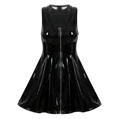 Sexy Womens Dress Clubwear Wetlook Latex Bodycon Costume Glossy V Neck Zipper Wet Look Patent Leather Sleeveless Flared Dresses