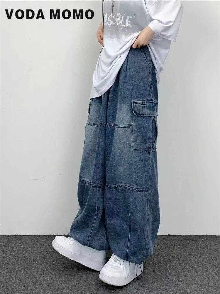 2022 Autumn Harajuku Fashion retro High Street hiphop Pants Straight Wide Leg Pants Women Casual Loose Big Pockets Cargo Jeans