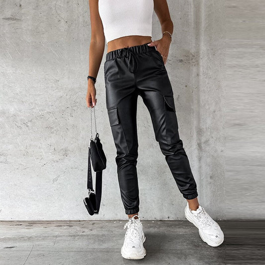 PU Trousers Casual Drawstring Pocket Elastic Waist Long Pants