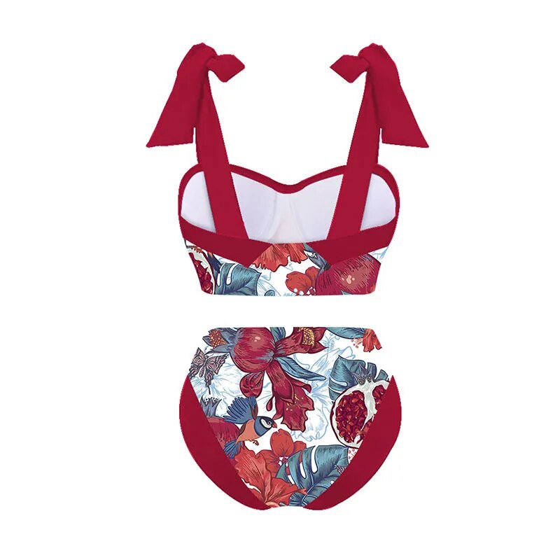 Lanswe Retro Two-Piece Swimwear Women Bikini Beach Dress Swimming Costume Wine Red Pomegranate Painting Style Summer Swimsuit