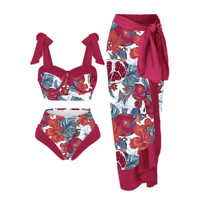 Lanswe Retro Two-Piece Swimwear Women Bikini Beach Dress Swimming Costume Wine Red Pomegranate Painting Style Summer Swimsuit