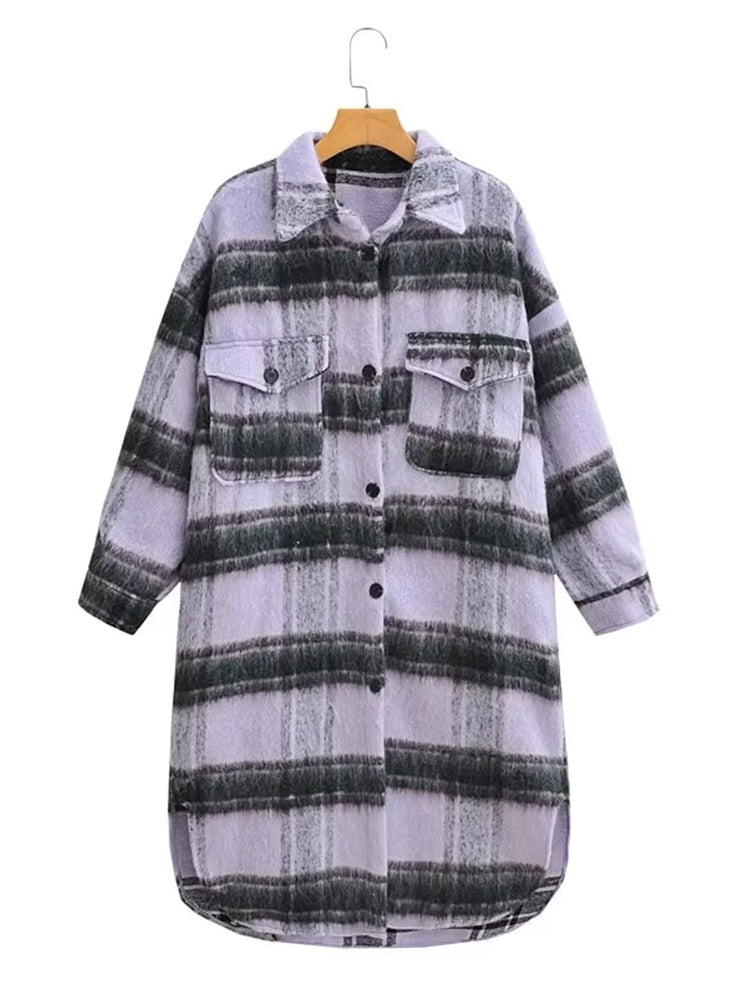 Purple Plaid Fluffy Autumn Winter Pockets Side Slit Long Coat Jacket